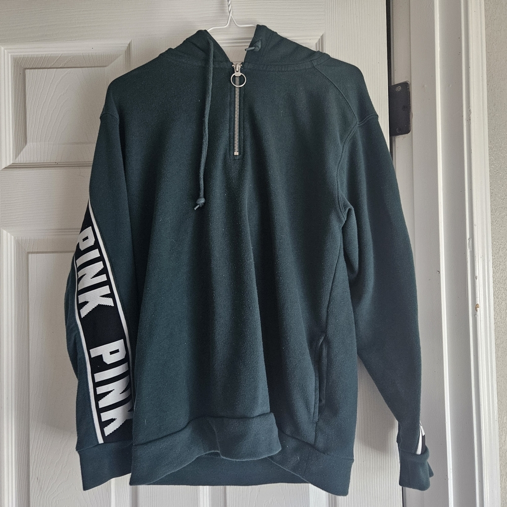 Green PINK Victoria's Secret Womens 3/4 Zip With Hood Sweater